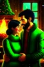 Placeholder: Fire place Christmas scene, dark haired couple, man with short black beard, blue eyes, cozy, young couple, woman in green sweater, high definition, graphic