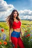 Placeholder: beautiful lady in nice red short top and blue pants with curvy long hair,perfect face,perfect eyes,country side,wild flowers ,blue sky nice clouds, long shot