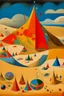 Placeholder: A tan sandy desert with magnetic pyramids painted by Wassily Kandinsky