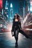 Placeholder: Full body,Half-cyborg beautiful female cyberpunk assassin wearing google sunglasses, black jacket,long hair,walk on night city background