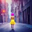 Placeholder: Beautiful lonely girl who walks along a street without people at dawn. You see her from behind. She wears very short yellow dress. She has short pink hair with glowing crystals. Full body, 8k resolution concept art. Professional Photo HD. Stylish. Warm vivid colors. Panoramic