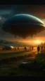 Placeholder: Art by Eugene Garin painting style , Crafting a terrifying 8K depiction of an alien starship , hovering above a field with running scared Cows