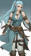 Placeholder: Yasuo , bits of color, Sketch book, hand drawn, dark, gritty, realistic sketch, Rough sketch, mix of bold dark lines and loose lines, bold lines, on paper, turnaround character sheet, female half elf, Full body, arcane symbols, runes, dark theme, flowing partially braided pale blue hair, beautiful, handsome, padded leather clothing embroidered with runes, modest, leather rune embroidered boots