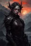 Placeholder: A formidable warrior girl in black armor against monster, against the background of an amazing gloomy landscape flooded with sunset, mountains, trees, a fabulous scary hero, juicy emotions, painting, gloomy fantasy, gloomy day, dark world, portrait, oil and graphite, wide strokes, a weaving frame around, by Ryohei Hase, Agnes Cecile, Raymond Swanland, Anne Bachelier