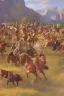 Placeholder: detailed oil painting, renaissance style, of mounted knights galloping across an open field, swords in hand, mountains in distance