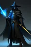 Placeholder: The commander wears a black cloak and a long coat with long combat boots and a long spear with a hat under his cloak with blue flame eyes, a sword like a spear