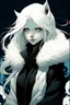 Placeholder: Sandman artstyle, comic artstyle, human, female, white long hair, blue eyes, white fur, black jacket, white fox ears.