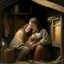 Placeholder: a medieval woman breastfeeding a man in a shed, oil painting,