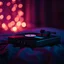 Placeholder: vintage record player on soft fabric surface, ambient bokeh lights in background, grainy texture, moody aesthetic in deep blue, soft purple, and dark gray, minimalist style, cinematic lighting, glowing soft light, square composition, vaporwave tones, no people, no headphones”