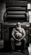 Placeholder: half figure shot photography of an turkish strong massive chubby 50 year old man in opened boxer, manly chest,, short beard, shirtless, printer in an old printing house, next to a huge old printer, dim light, side light, ambient occlusion