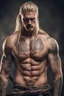 Placeholder: tall and muscular epic warrior man, blonde hair tied in a long braid, bare chest, with tattoos all over his body. With an evil look on his face.