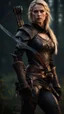 Placeholder: blonde female hunter with a bow wearing leather half armour dark fantasy Realistic 4k