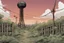 Placeholder: radio tower, overgrown apocalyptic, background, comic book, fence