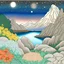 Placeholder: Colourful, peaceful, Hiroshige, Henri Rousseau, night sky filled with galaxies and stars, rock formations with fossils, flowers, one-line drawing, sharp focus, 8k, deep 3d field, intricate, ornate