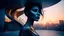Placeholder: Woman fragmented into architectural elements, reflective glass facade forming a female face, spiral staircase following the shape of a body, illuminated advertisements integrated into the structure, cold sunset light, cyberpunk architectural style, avant-garde composition