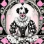 Placeholder: Storybook illustration of a Pierrot Clown, black and white with pink accents, Beardsely style, art nouveau elements, vintage drawing, pierrot vintage, black and white marble floor