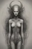 Placeholder: Drawing of a beautiful female human in the style of Scorn, Giger, Beksinski, Leonardo da Vinci. Full body.thin lines draw style