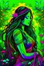 Placeholder: Indian woman with long black hair. She is the goddess of horticulture. She’s covered in millions ultra bright neon strings emanating from her body. beautiful backlit silhouette, high detailed, covered in neon vines and leaves and flora. Green color palette.