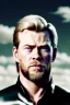 Placeholder: retro portrait image from 1960, sky background, wind, extra long blonde hair, fighting stance, young Chris Hemsworth, clean shave face, black dress, classic long tight lycra black suit, 2 steel disc in busty, big red cap, silver arms, gold bracelet and belt, high boots, soft color, highly detailed, unreal engine 5, ray tracing, RTX, lumen lighting, ultra detail, volumetric lighting, 3d, finely drawn, high definition, high resolution.