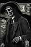 Placeholder: LINE TONE, WSJ STYLE, HEDCUT, ultra high image quality, HEAD AND SHOULDERS SHOT, Grim Reaper, WEARING A 3 PIECE SUIT, POSED FOR DOLLAR BILL PORTRAIT, , Close-up of an set against AMOLED-worthy pure black backdrop, fantasy art style infused with filter, tailored for vertical wallpaper, exclusive design with no duplicates, radiating beauty suitable for a PC screen image, vivid colors, ultra fine, digital painting, BASED ON THE UNITED STATES TREASURY NOTE ONE DOLLAR BILL