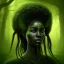 Placeholder: Painting .the face of A young black woman. A wood nymph emerging from the forest. Her hair looks like vines. Dreadlocs. Her skin is the colour of dark soil. Her skin looks like tree bark. Her clothing is made of vines, grass and leaves.