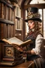 Placeholder: nice woman in hat reading a big old book in steampunk outfit, big windows, library, sharp focus, professional photo Professional photography, bokeh, natural lighting, canon lens, shot on dslr 64 megapixels sharp focus steampunk engine and things background