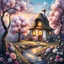 Placeholder: create a whimsical fairy tale landscape painting with a glowing storybook cottage of curved walls and thatched roof, nestled among fantastical pastel trees with cloud-like lavender, mint, peach, and cream foliage, a sparkling stream reflecting the colorful sky, abundant textured wildflowers like cotton candy and sea urchins in pastel shades, glowing windows, climbing vines with delicate blossoms, highly detailed dreamlike textures, soft diffused magical light --ar 16:9 --v 7 --style 4b --q 2