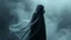 Placeholder: In a mesmerizing and ethereal manner, an otherworldly being emerges in the form of a translucent grey hood ghost. flowing smoky black robes. Forward facing