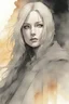 Placeholder: Claire from claymore. A soft-focus image of the golden sunset casting a warm glow, create in inkwash and watercolor, in the comic book art style of Mike Mignola, Bill Sienkiewicz and Jean Giraud Moebius, highly detailed, gritty textures,