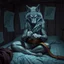 Placeholder: full wolf furry on her body an anthropomorphic wolf woman hybrid sitting in the middle of a bed with a sewing needle and thread in her paw sewing a wide material belt, around her in the background are some paper with sketchy line kind drawings from monster on the walls of the wooden house, high realistic, detailed, cinematic, sci-fi, digital art, dark fantasy mood