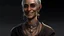 Placeholder: Adel has black, sunburnt skin and hazel eyes. Her gray hair is slicked-back. She has a slight underbite and gleaming teeth. She's wearing dull necklaces made of platinum. Her clothes look flamboyant. There's an oddly-colored birthmark on her right hand.