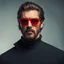 Placeholder: a young man with big muscles who looks like hans gruber wearing a turtleneck and red sunglasses staring with an angry look on his face in the style of Neil Gaiman