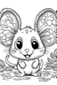 Placeholder: cute coloring page, sketch style, cute baby mouse in the wood, cute cartoon, white and black, withe background, no shadows, outline.