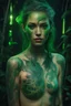 Placeholder: beautiful green girl, swamp, colored lights, green symbols, green tattoo, 8k, high quality, hyperrealism