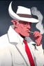 Placeholder: An old male crimson red tiefling wearing a white, he has a white mustache.