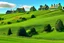 Placeholder: A photo of 4 houses standing on a green hill . It's a sunny day and there are animals in the background