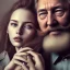 Placeholder: a young woman sitting next to a 50-year-old man with a beard and short hair, portrait, 8K, close-up face, anatomically perfect face, Highly detailed stunning full frame portrait, misty and cloudy atmosphere