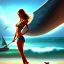 Placeholder: beach with boat, tanned girl with wings and dog, fantasy art, movie poster, framed