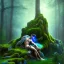 Placeholder: crazy detail, magical forest background, waterfall, blue but cloudy skies,close up of cute dark male poet sleeping on mossy rock wearing soft robes and blue gloves,dark stone statue, lively eyes,hidden hands, framed by foliage, shiny eyes, holding up scroll