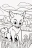 Placeholder: kids coloring page, fox in a field, cartoon style, thick lines, very low detail, no shading