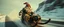 Placeholder: close up on gnome hit man with rocket boots in suit on a mech sled doing jumping stunt in winter wasteland, style of fallout 4, high speed with motion blur, on elevated road, beard blown into his face