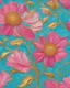 Placeholder: turquoise, bright pink and gold flower van Gough white background