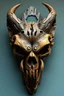 Placeholder: a dynamic portrait of wooden mutated devil skull wooden sculpture in the expressive, chaotic style of Russ Mills hand carved in old ironwood as magnetic bottle opener