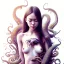 Placeholder: Realistic body, Asian woman, leaning pose, full body, squid, intricate detail , watercolor illustration by <agnes cecile> nest, octopus, fly, squid,everywhere, plants, wildflower, doll, blood, scythe, dolly,