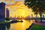 Placeholder: sunset, buildings, lake, rocks, city, park, trees, cyberpunk, sci-fi, claude monet impressionism paintings