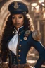 Placeholder: young mulatto sorceress, snow white wavy hair, dressed as a steampunk naval officer