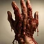 Placeholder: hand gripping with oozing fluids and rotten flesh, horrifying horror movie scene, realistic, practical effects, shot on film