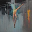 Placeholder: Minimal abstract oil painting of a falling person limbs sinew. Amongst concrete fragments brutalist architecture and hanging wires illuminated at night. Bright triadic colour In the style of Justin Mortimer and Phil Hale and Ashley Wood