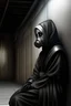 Placeholder: Hyper realistic futuristic nun wearing a gas mask chained to wall