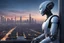 Placeholder: Humanoid robot looking out over an alien city skyline at dusk